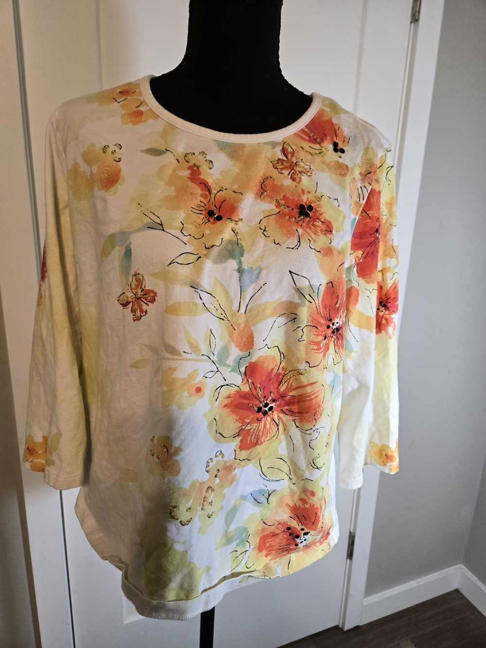 Vintage City Blues by Koret Watercolor Floral 3/4 Sleeve Top Size Large